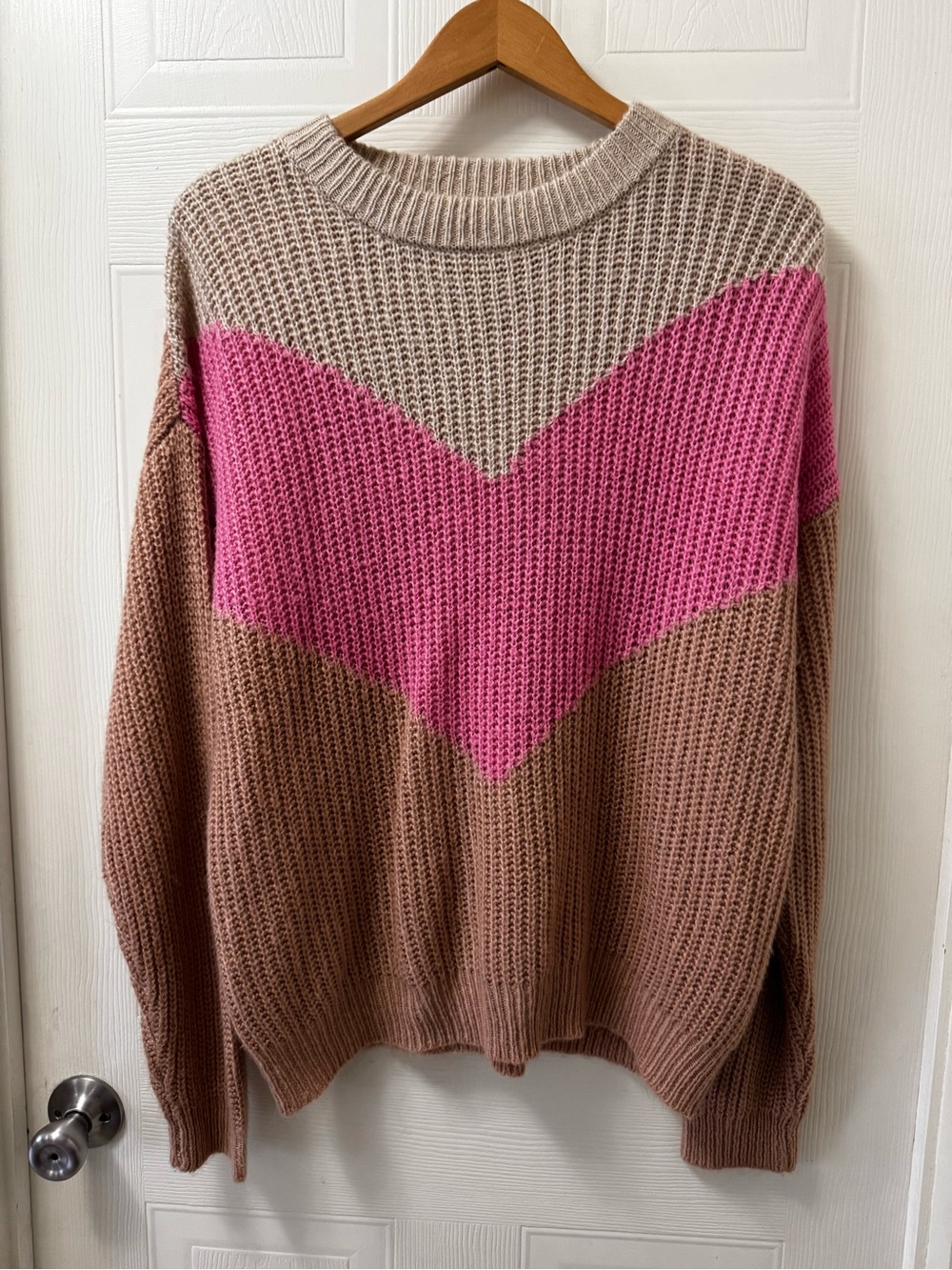 Cozy Chevron Knit Sweater - Pink and Brown